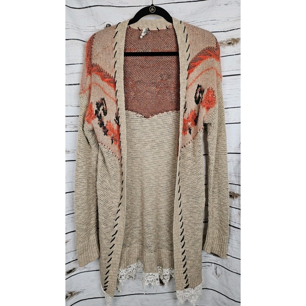 BKE Boho Long Sweater Duster Cardigan L Khaki Tan Western Country